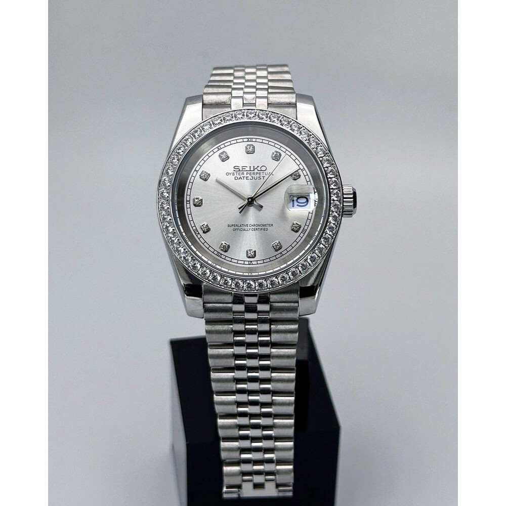Custom Seiko Mod • Silver Double Diamond DateJust w/ Double Endlink Jubilee • 39mm